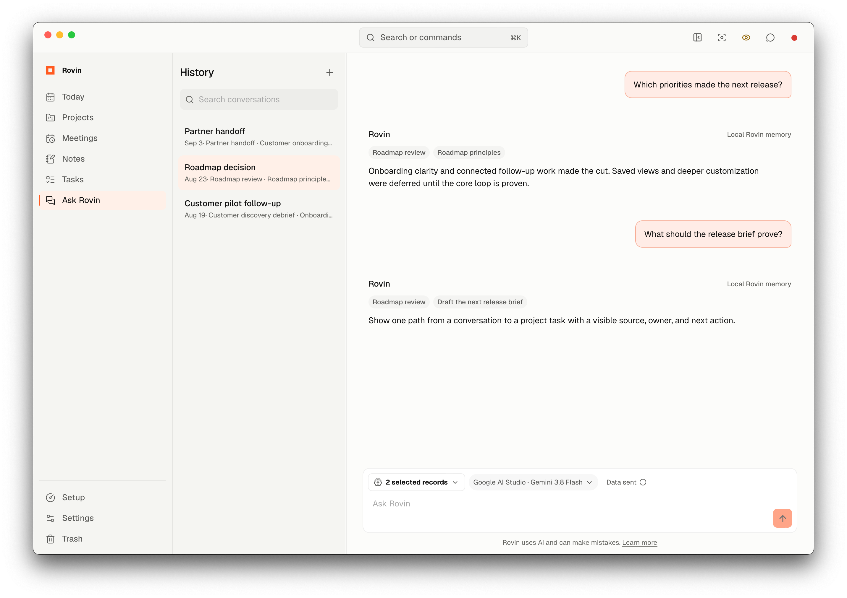 Rovin Ask view with a visible answer, selected memory scope, provider, and connected source context.