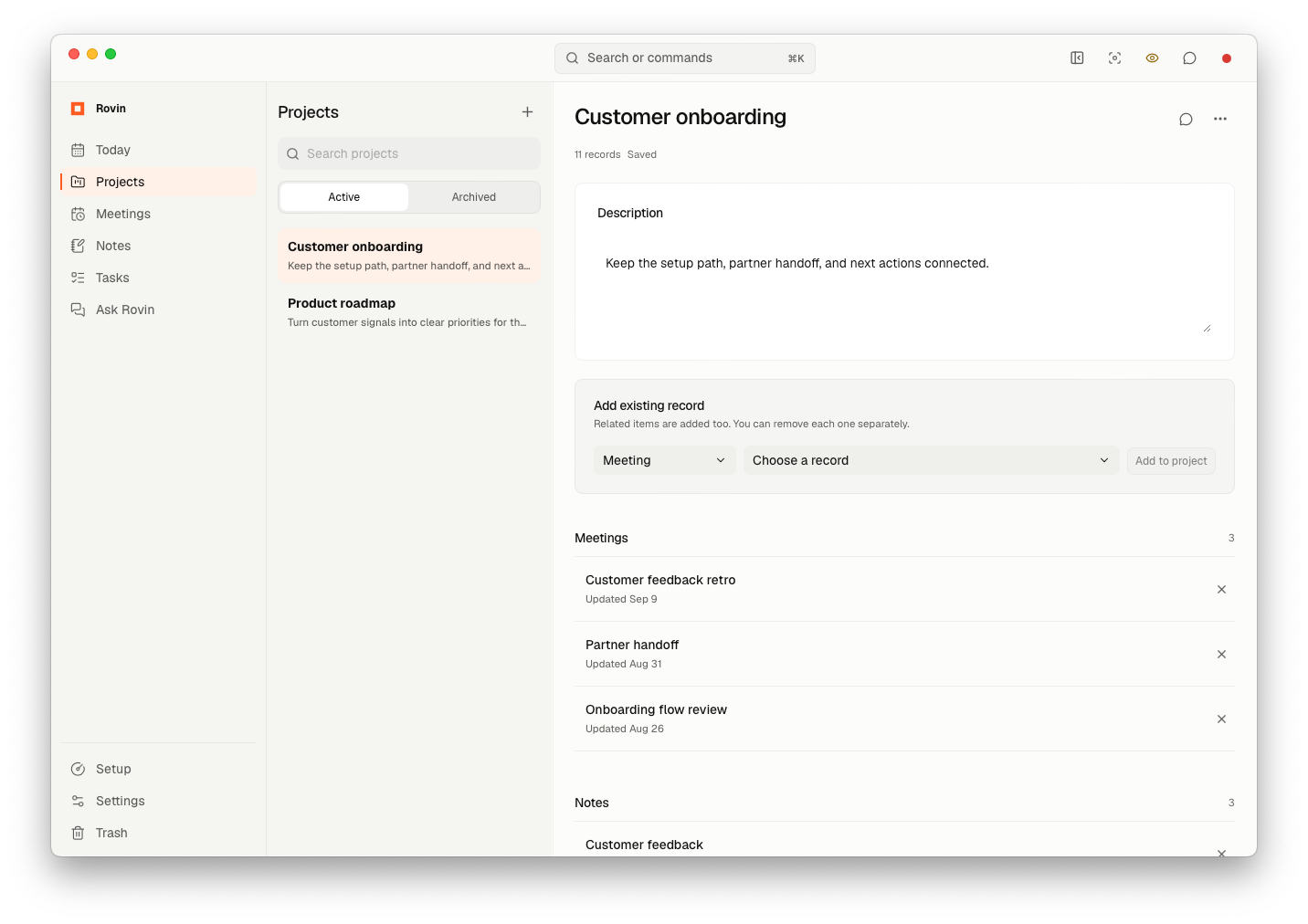 Rovin Project view with a project brief and related meeting and note records.